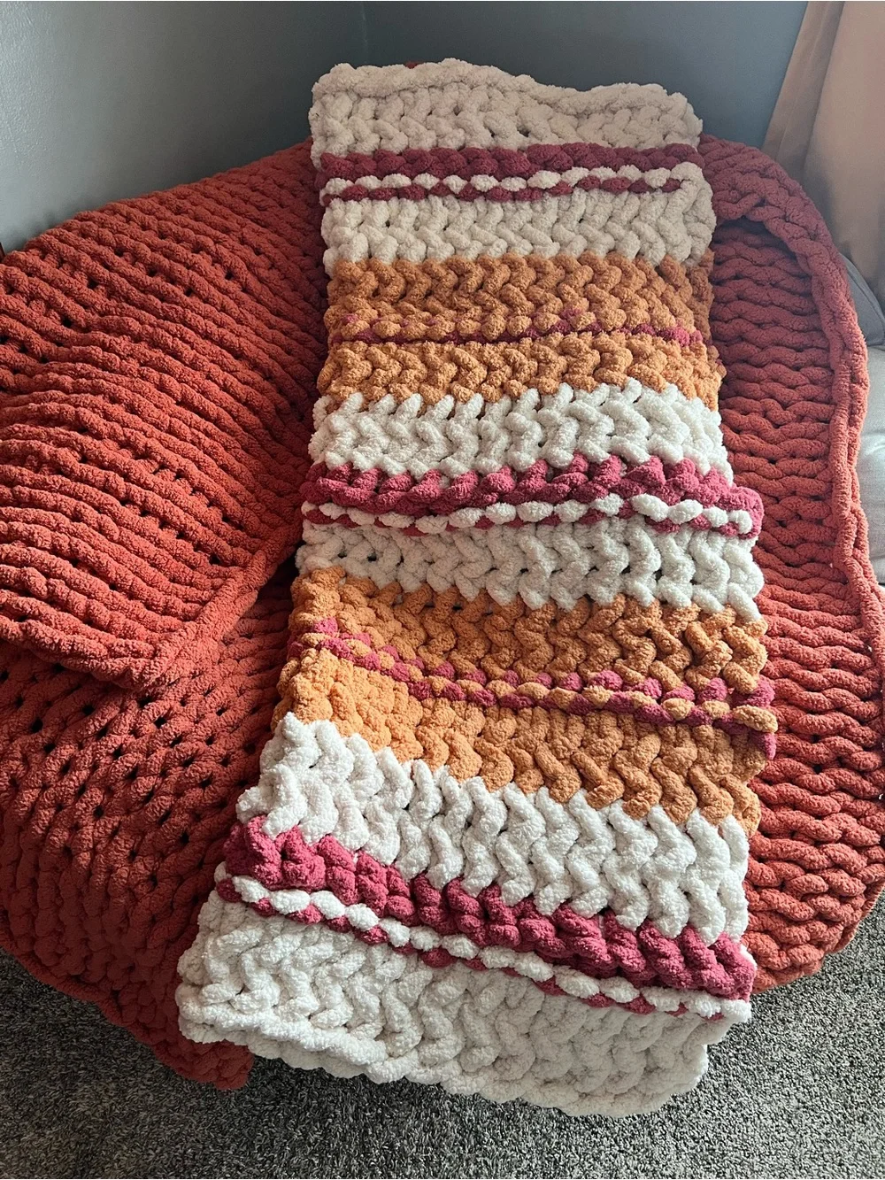 Hand-Crocheted Chunky Stripe Throw Blanket in Cream, Rust, Mustard & Rose
